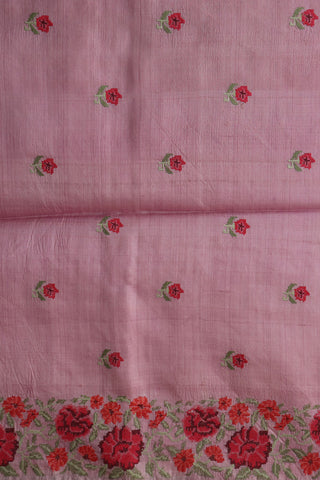 Embroidered Floral Border In Buttas Pastel Pink Tussar Silk Saree