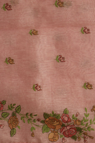 Embroidered Floral Border In Buttis Pastel Pink Linen Saree