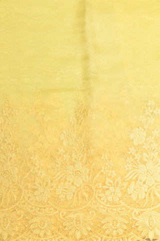 Embroidered Floral Scallop Border In Plain Soft Yellow Organza Silk Saree