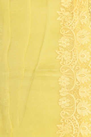 Embroidered Floral Scallop Border In Plain Soft Yellow Organza Silk Saree