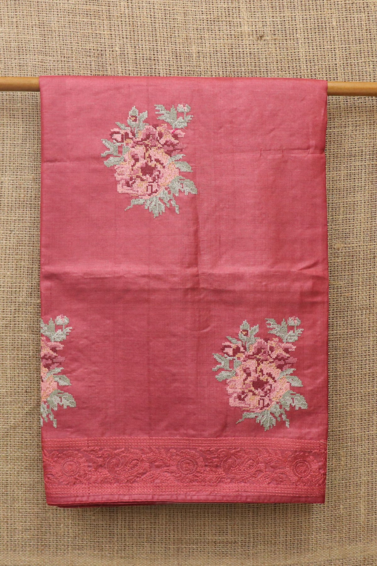 Embroidered Floral Buttas Blush Red Tussar Silk Saree