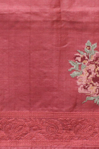 Embroidered Floral Buttas Blush Red Tussar Silk Saree