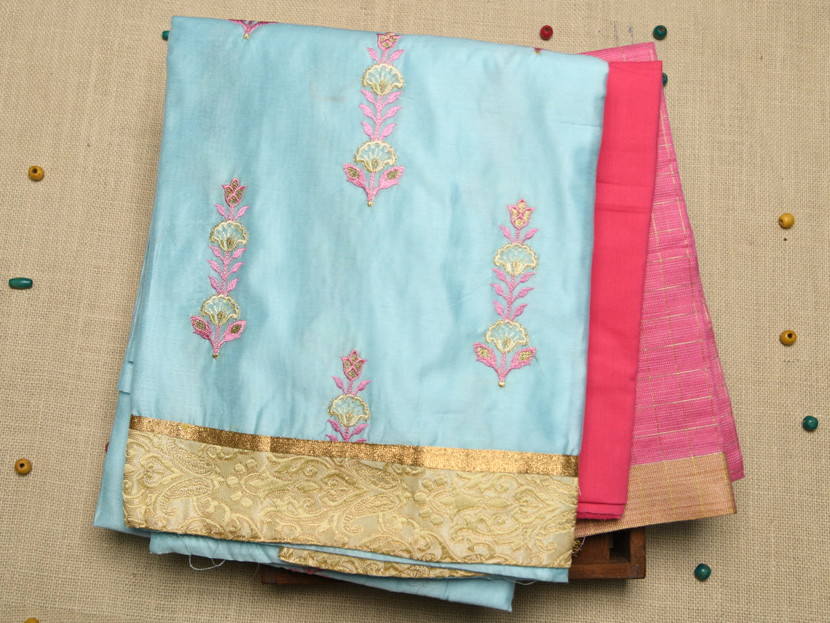 Embroidered Floral Butta Pastel Blue Chanderi Cotton Unstitched Salwar Material