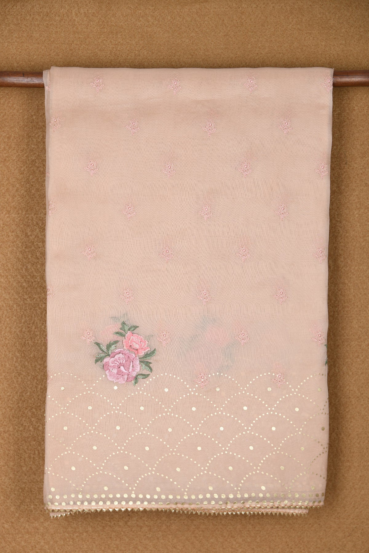 Embroidered Floral Buttas Pastel Pink Organza Saree