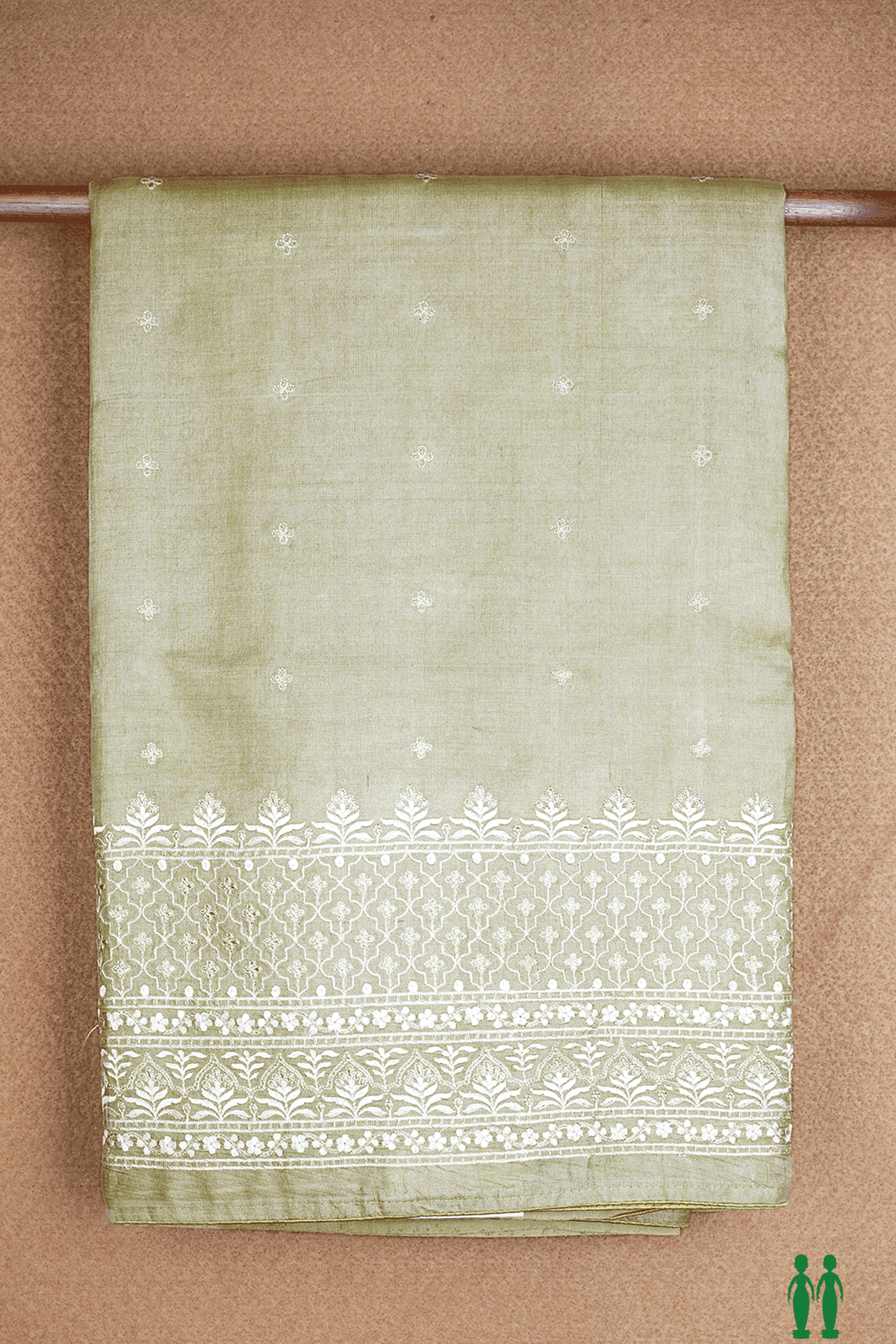 Embroidered Floral Buttis Dusty Khaki Tussar Silk Saree