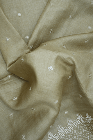 Embroidered Floral Buttis Dusty Khaki Tussar Silk Saree