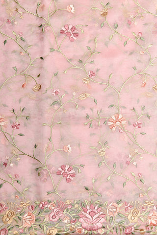 Embroidered Floral Creeper Design Baby Pink Organza Silk Saree