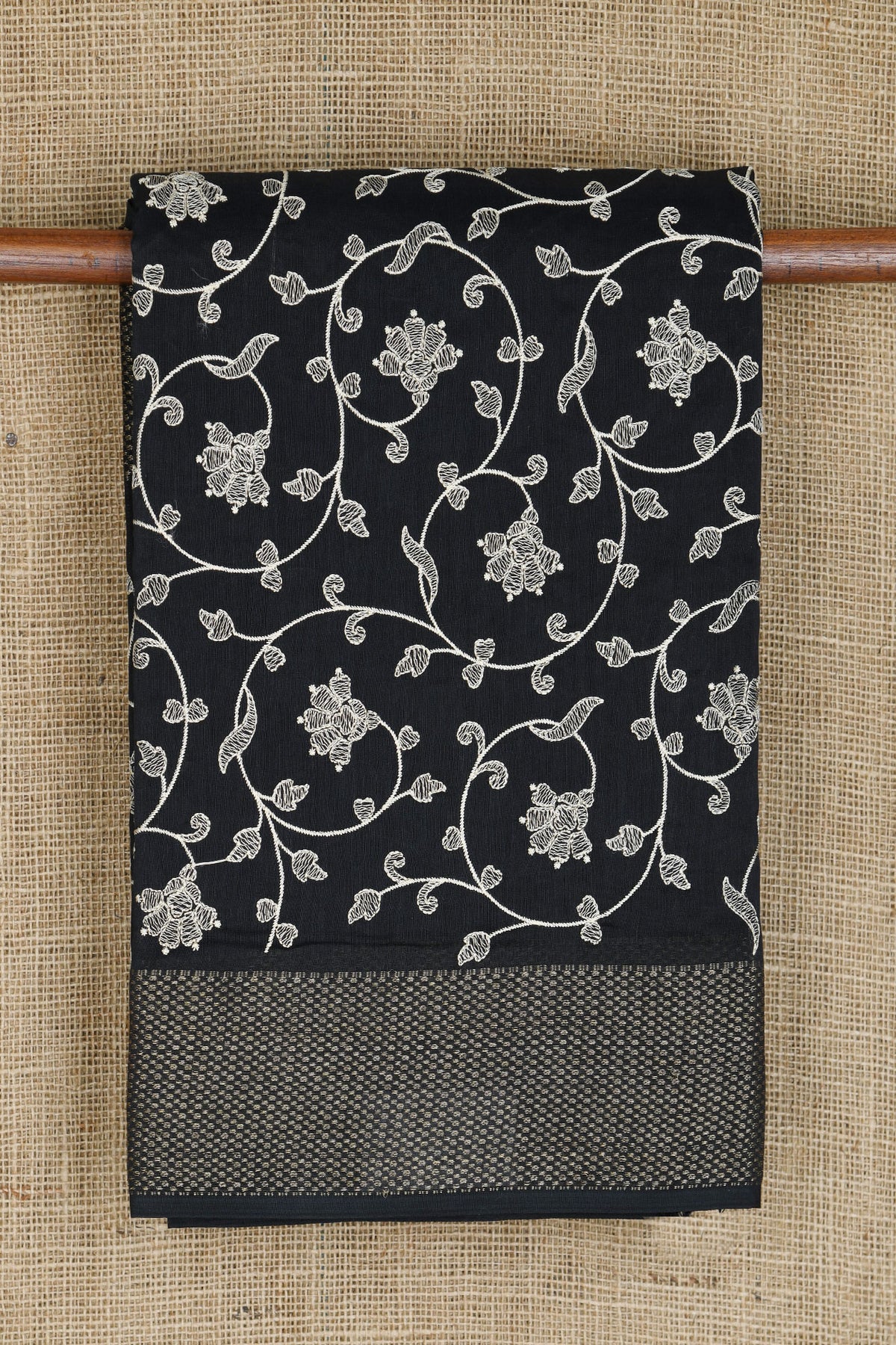 Embroidered Floral Creepers Design Black Chanderi Silk Cotton Saree