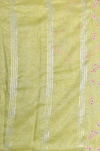 Embroidered Floral Creepers Design Pista Green Linen Cotton Saree