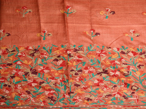 Embroidered Floral Design Blush Red Tussar Silk Unstitched Salwar Material