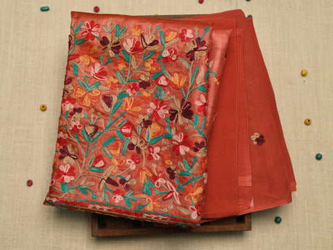 Embroidered Floral Design Blush Red Tussar Silk Unstitched Salwar Material