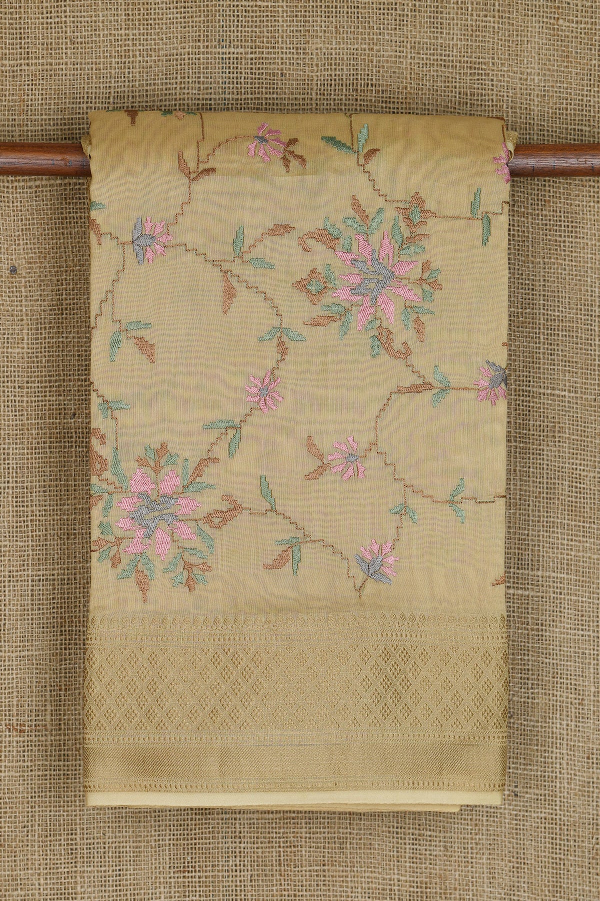 Embroidered Floral Design Tortilla Brown Chanderi Silk Cotton Saree