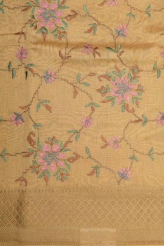 Embroidered Floral Design Tortilla Brown Chanderi Silk Cotton Saree