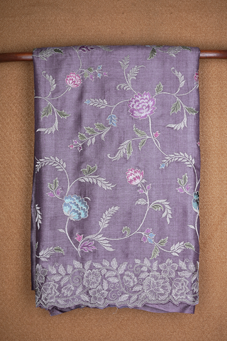 Embroidered Floral Design Dusty Purple Tussar Silk Saree
