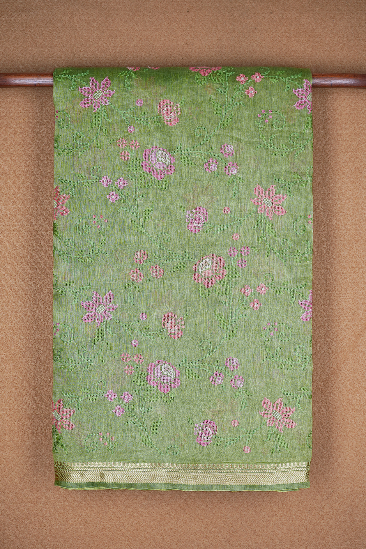 Embroidered Floral Design Fern Green Linen Saree