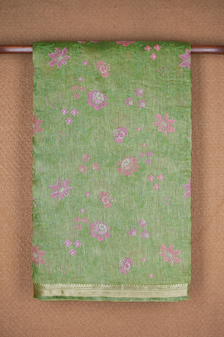 Embroidered Floral Design Fern Green Linen Saree