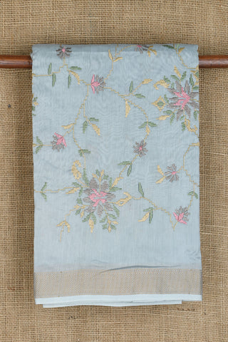 Embroidered Floral Design Grey Chanderi Silk Cotton Saree