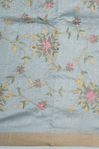Embroidered Floral Design Grey Chanderi Silk Cotton Saree