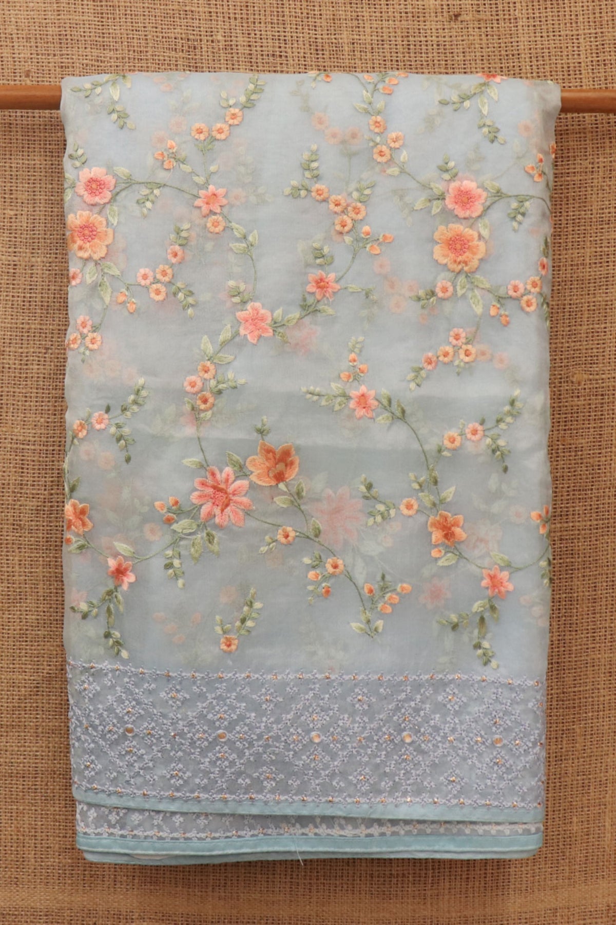 Embroidered Floral Design Grey Organza Silk Saree