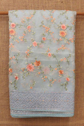 Embroidered Floral Design Grey Organza Silk Saree