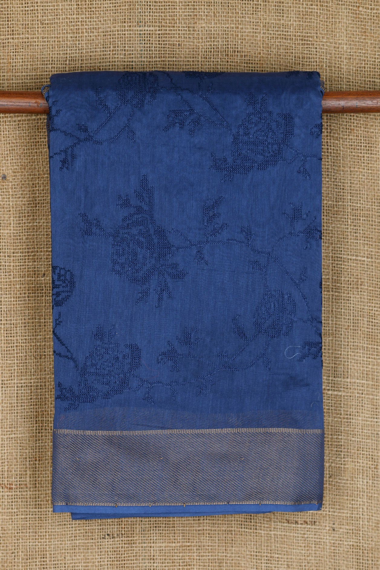 Embroidered Floral Design Indigo Blue Chanderi Silk Cotton Saree