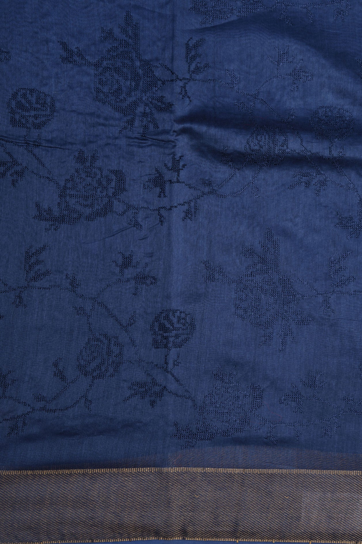 Embroidered Floral Design Indigo Blue Chanderi Silk Cotton Saree