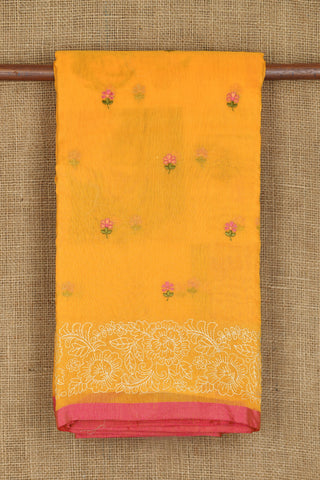 Embroidered Floral Design Marigold Yellow Semi Kota Cotton Saree