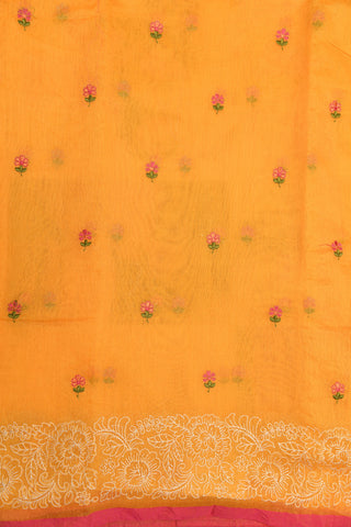 Embroidered Floral Design Marigold Yellow Semi Kota Cotton Saree