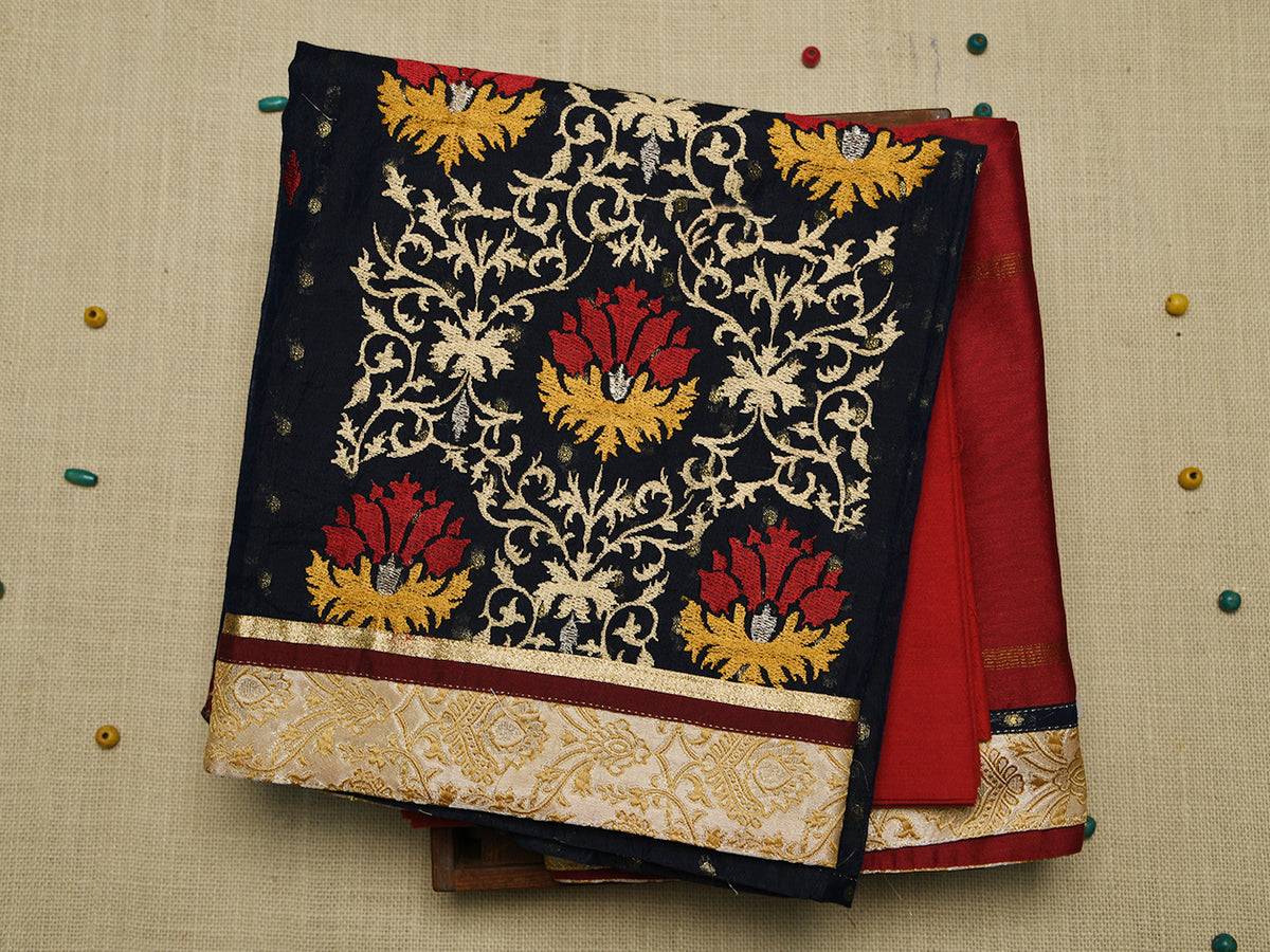 Embroidered Floral Design Navy Blue Chanderi Cotton Unstitched Salwar Material