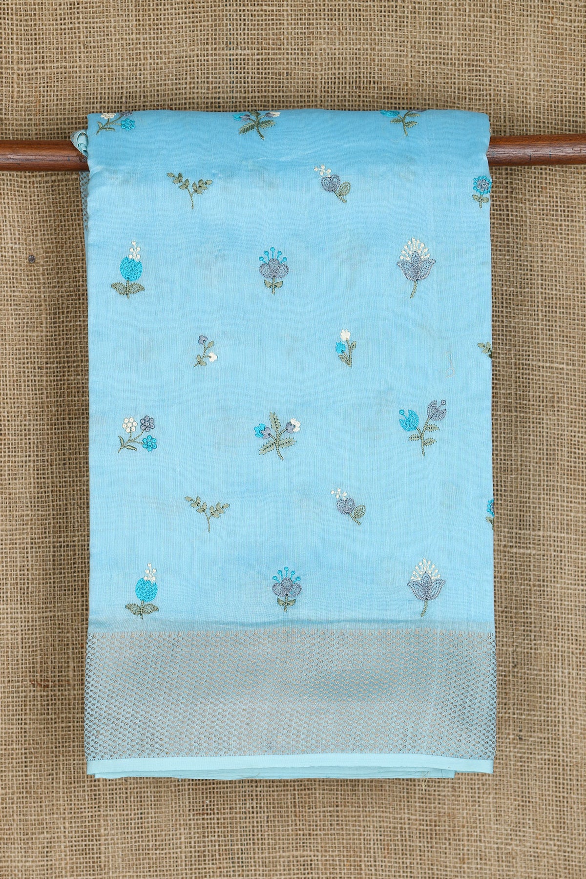 Embroidered Floral Design Pastel Blue Chanderi Silk Saree