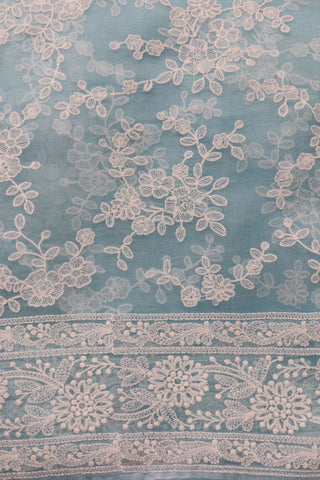 Embroidered Floral Design Pastel Blue Organza Silk Saree