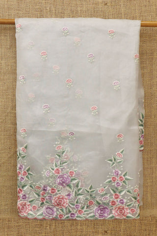 Embroidered Floral Design Pastel Grey Organza Silk Saree