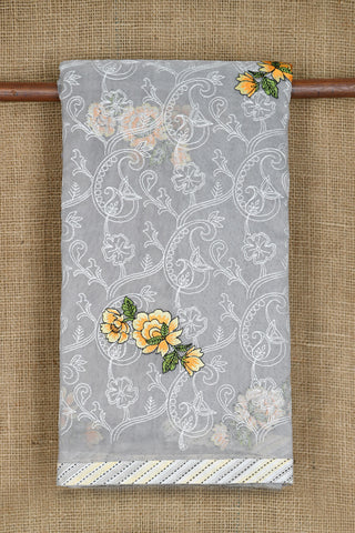 Embroidered Floral Design Pastel Grey Semi Kota Cotton Saree