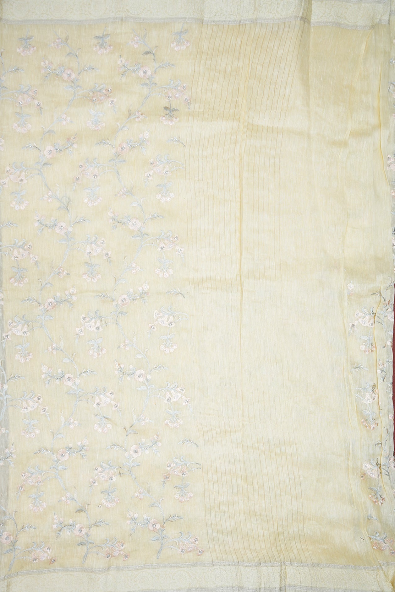 Embroidered Floral Design Pastel Yellow Linen Saree