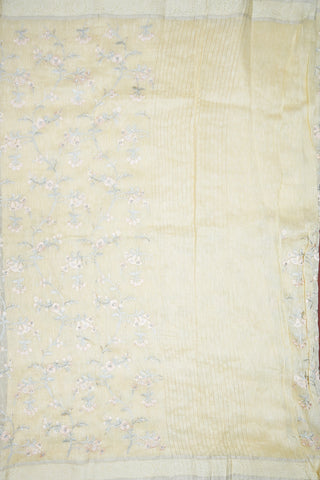 Embroidered Floral Design Pastel Yellow Linen Saree