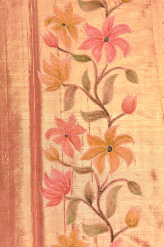 Patch Work Floral Design Applique Work Gold Tissue Peach Orange Kanchipuram Silk Saree