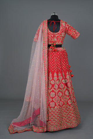 Intricately Embroidered Floral Design Red Lehenga Set