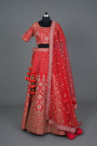 Intricately Embroidered Floral Design Red Lehenga Set