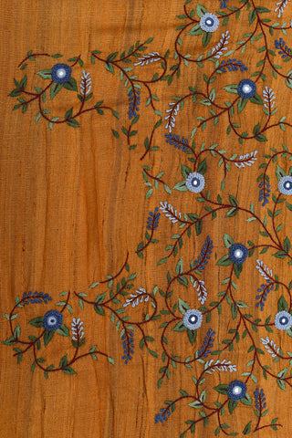 Embroidered Floral Design Slate Blue Linen Saree