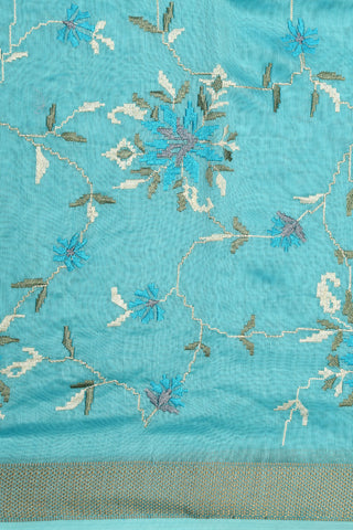 Embroidered Floral Design Turquoise Blue Chanderi Silk Cotton Saree