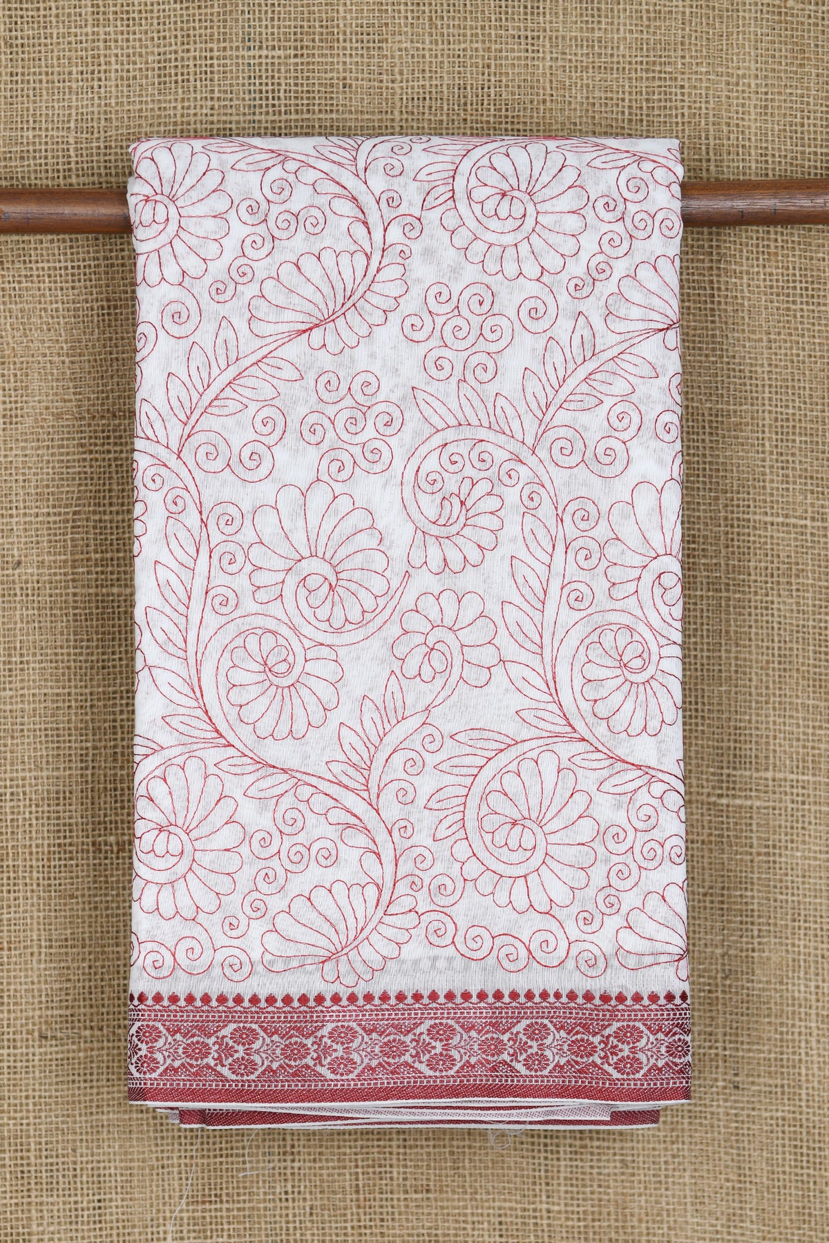 Embroidered Floral Design White Semi Kota Cotton Saree