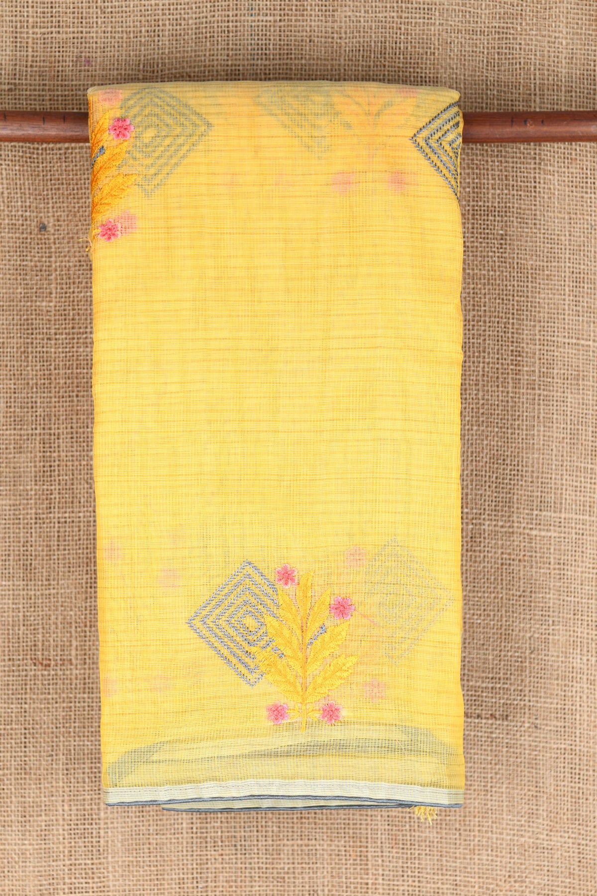 Embroidered Floral Design Yellow Semi Kota Cotton Saree