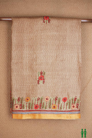 Embroidered Floral Motifs Pastel Brown Tussar Silk Saree