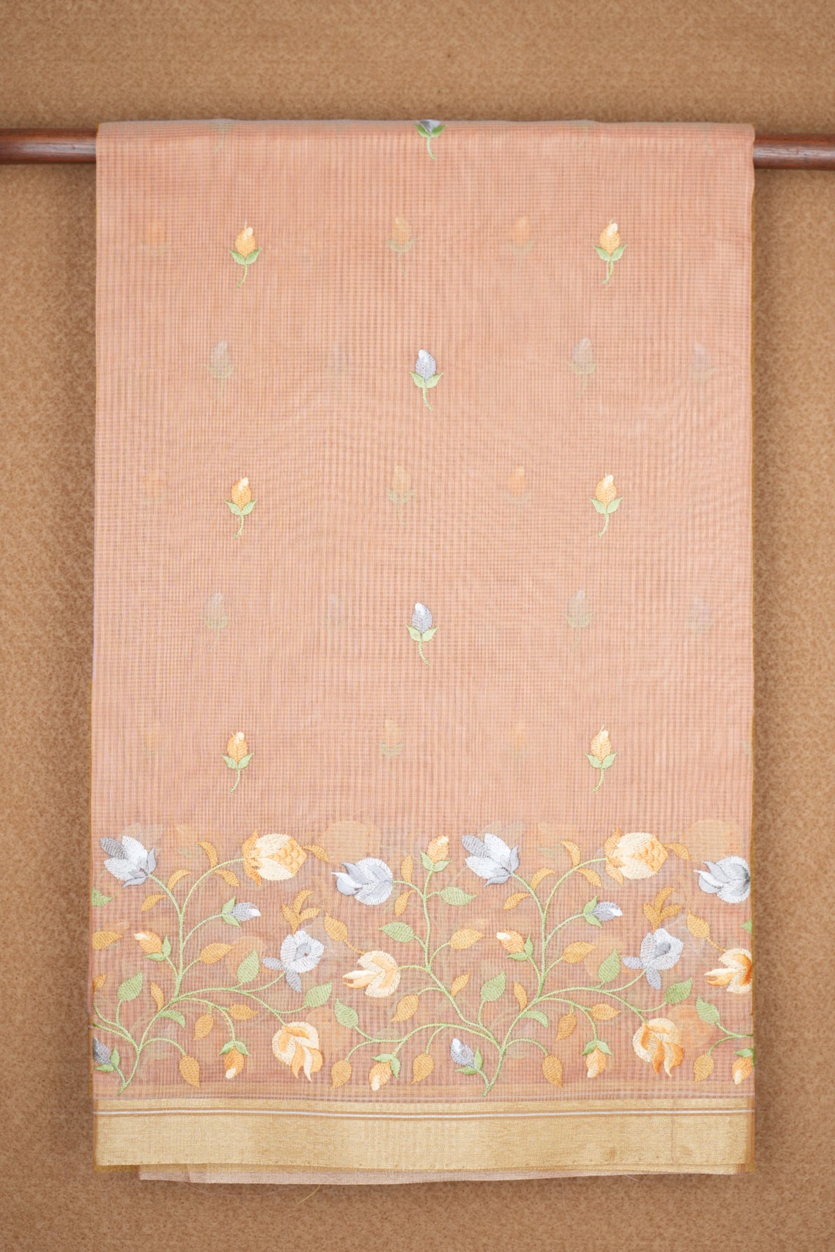 Embroidered Floral Motifs Rose Gold Kota Saree