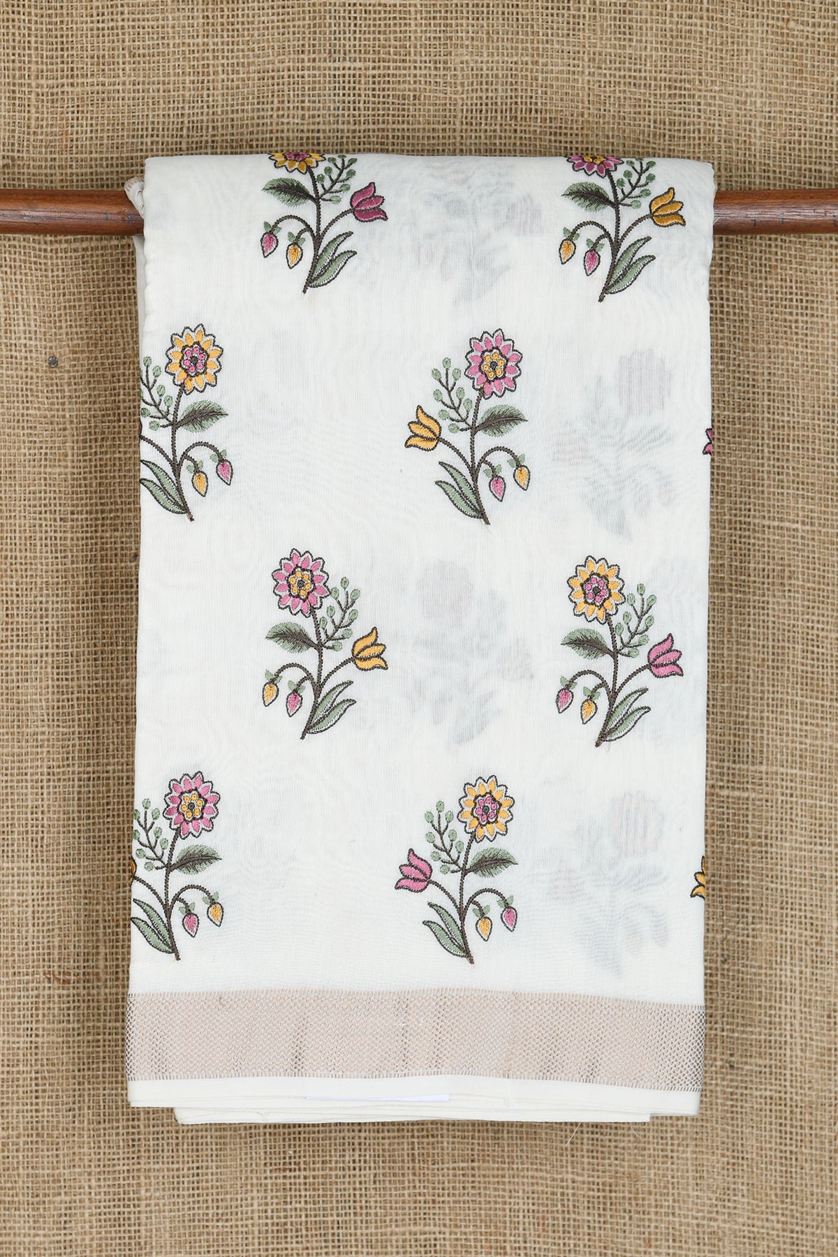 Embroidered Flower Motif Off White Chanderi Silk Cotton Saree