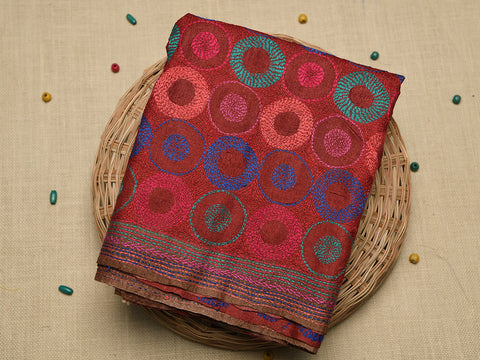 Embroidered Kantha Work Maroon Tussar Silk Unstitched Blouse Material