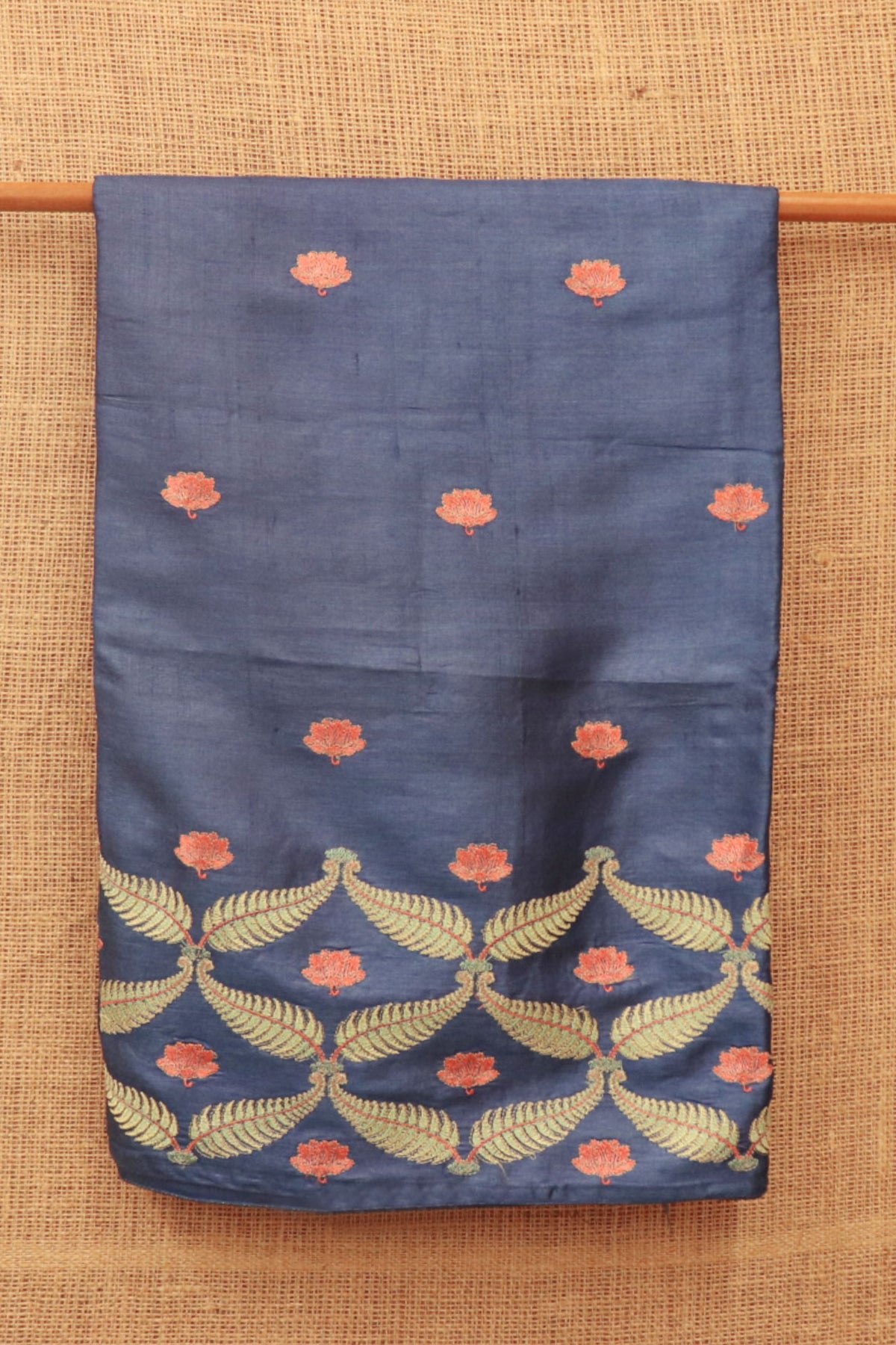 Embroidered Leaf Border With Floral Butta Slate Blue Tussar Silk Saree