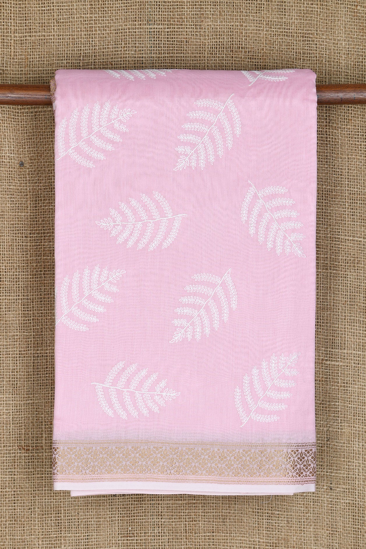 Embroidered Leaf Design Pastel Pink Chanderi Silk Cotton Saree