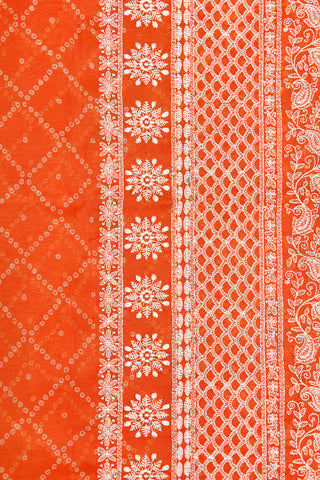 Embroidered Paisley Border With Printed Bandhani Pattern Bright Orange Organza Silk Saree