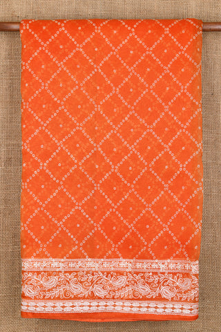 Embroidered Paisley Border With Printed Bandhani Pattern Bright Orange Organza Silk Saree